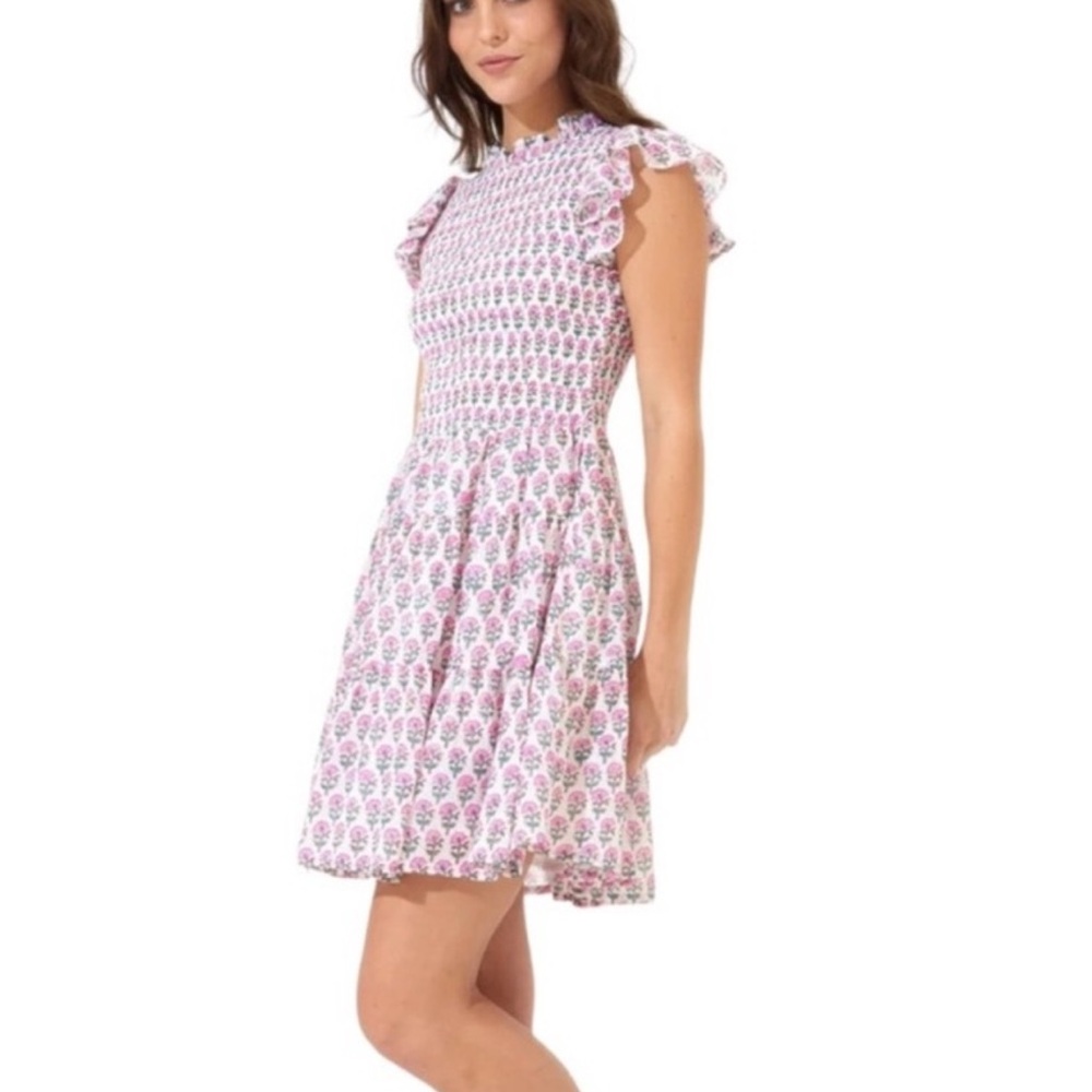 Oliphant Pink Floral Smocked Dress with Ruffle Sleeves — Size M